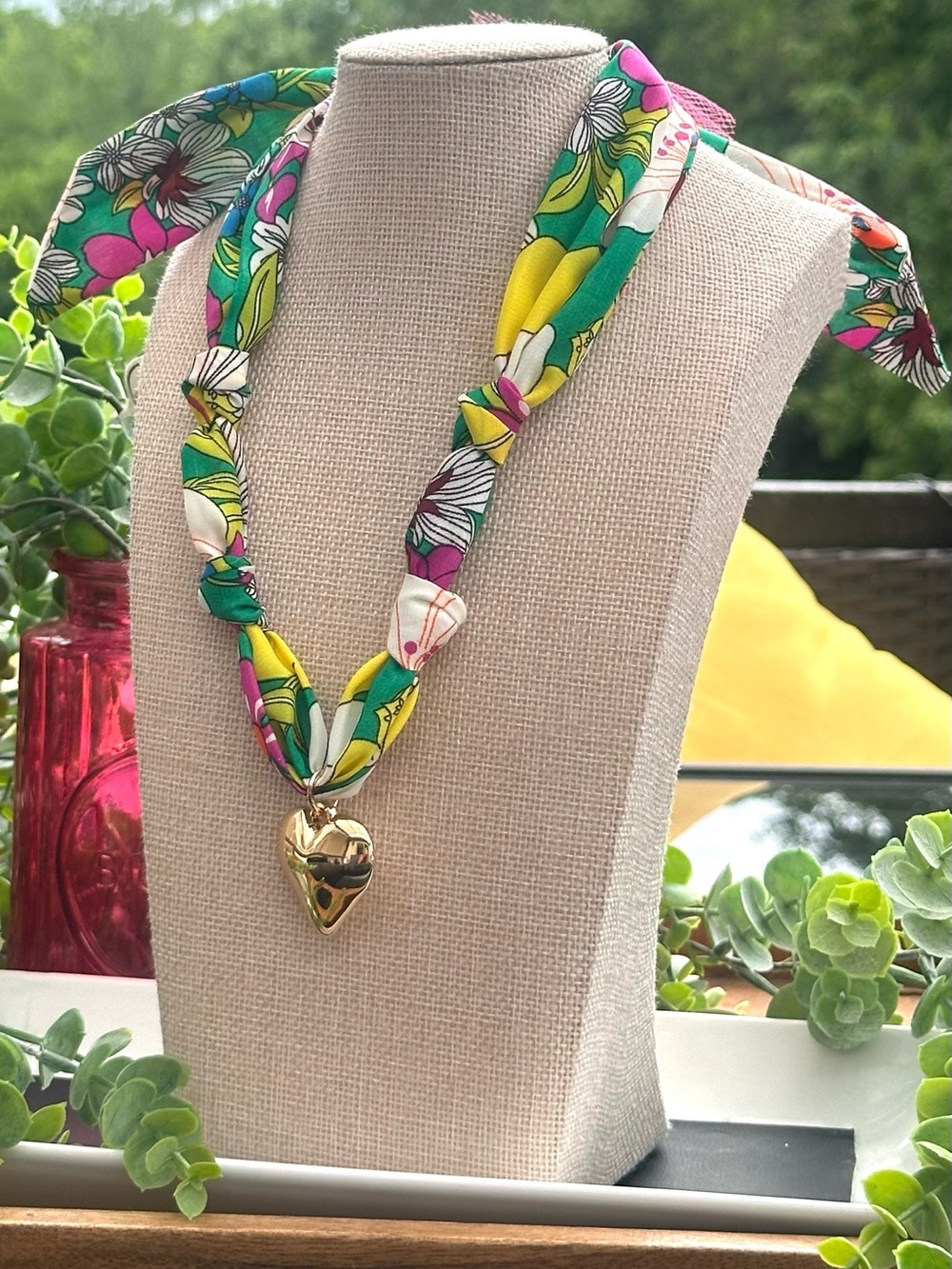 Floral Multi-Color Silk Scarf Necklace with Gold Heart Pendant